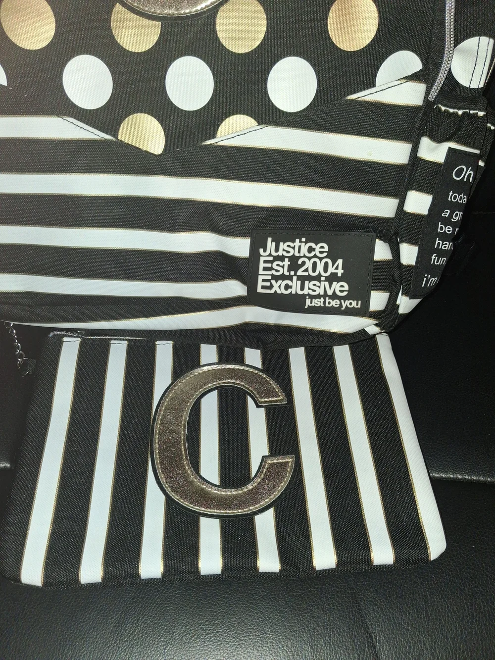 Justice Black, White & Gold Polka Dot Backpack with Matching Striped Wristlet